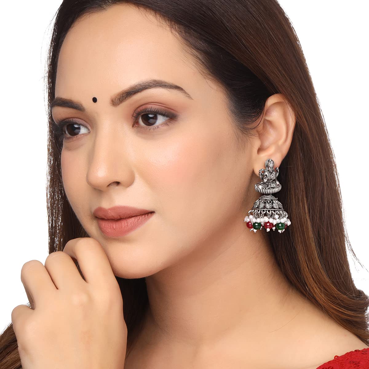 Yellow Chimes Earrings for Women Silver Oxidised White Beads Drop Designed Jhumka Earrings for Women and Girls