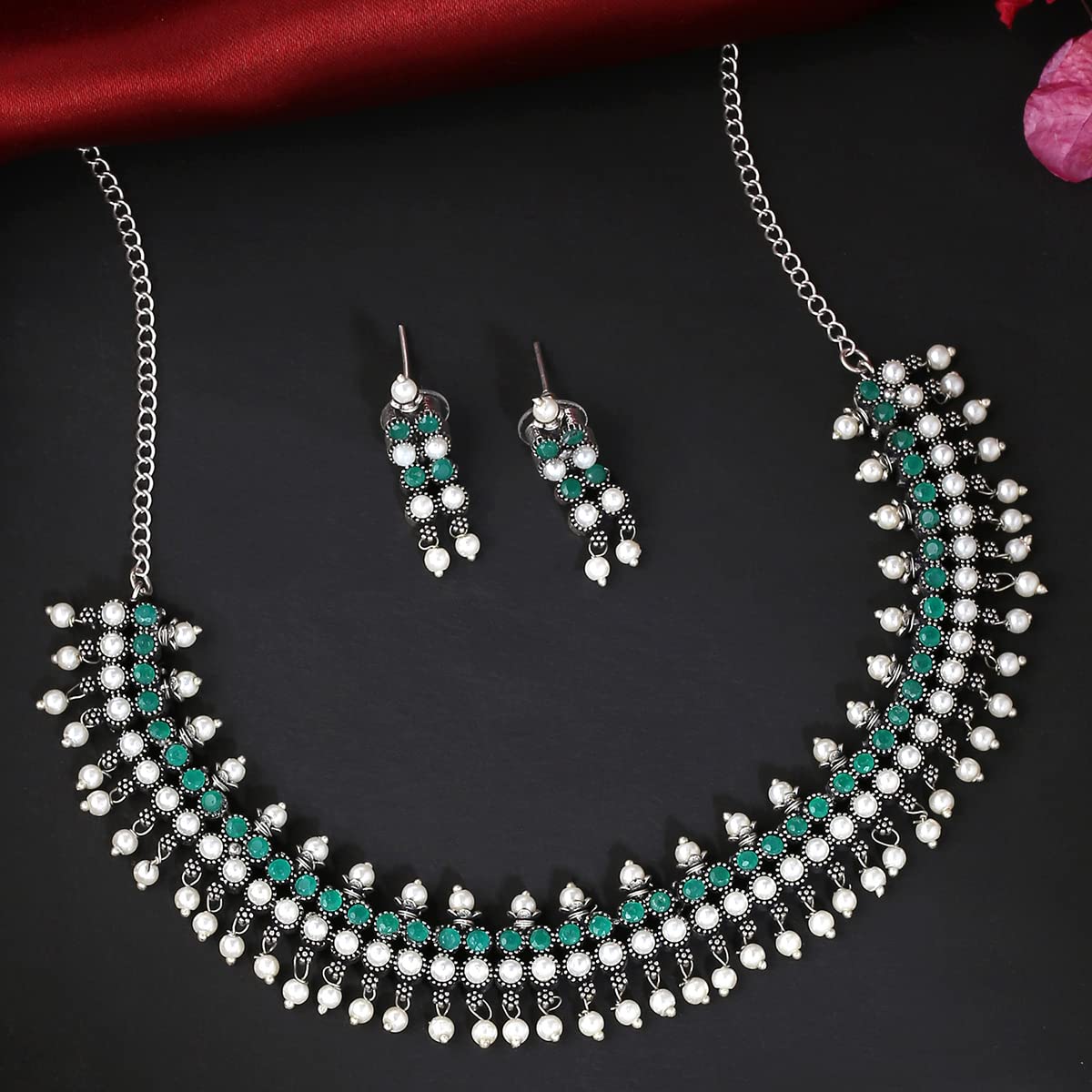 Yellow Chimes Jewellery Set for Womens Silver Oxidised Green Stone Studded Pearl Drop Designed Coker Necklace Set for Women and Girls