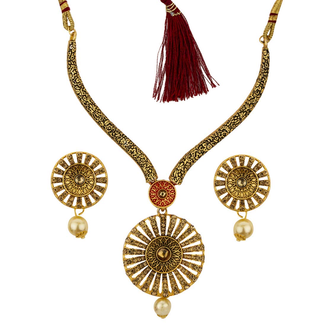 Yelo Chimes Latest Modern Floral Design Pearl Kundan German Oxidized Gold Plated Necklace With Earrings For Women