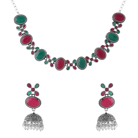 Yellow Chimes Necklace for Women and Girls Silver Oxidised Necklace for Women | Stone Studded Oxidised Silver Choker Necklace for women | Birthday Gift for girls and women Anniversary Gift for Wife