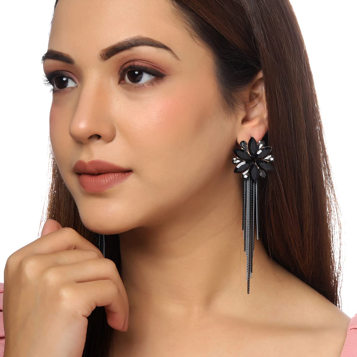 Yellow Chimes Crystal Danglers Earrings for Women Floral Shaped Crystal Black Long Chain Dangler Earrings for Women and Girls