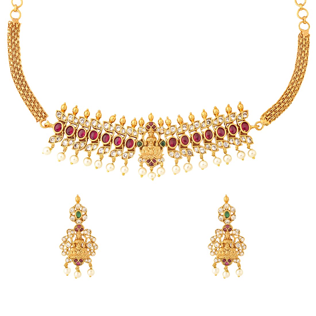 Yellow Chimes Jewellery Set For Women Gold Tone CZ AD/American Diamond Studded Pearl Hanging Bridal Traditional Choker Necklace Set For Women and Girls