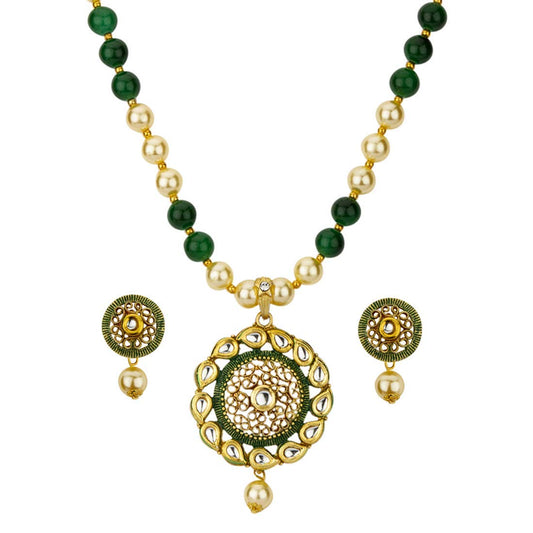 Yellow Chimes Latest Modern Pearl Kundan Traditional Adorable Necklace With Stud Drop Earrings For Women (Green)