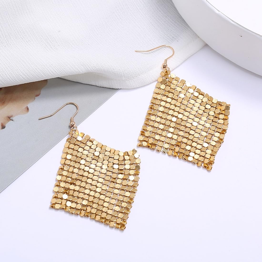 Kairangi Tassel Earrings for Women Metallic Mesh Grid Sequins Golden Tassel Long Drop Earrings Women and Girls.