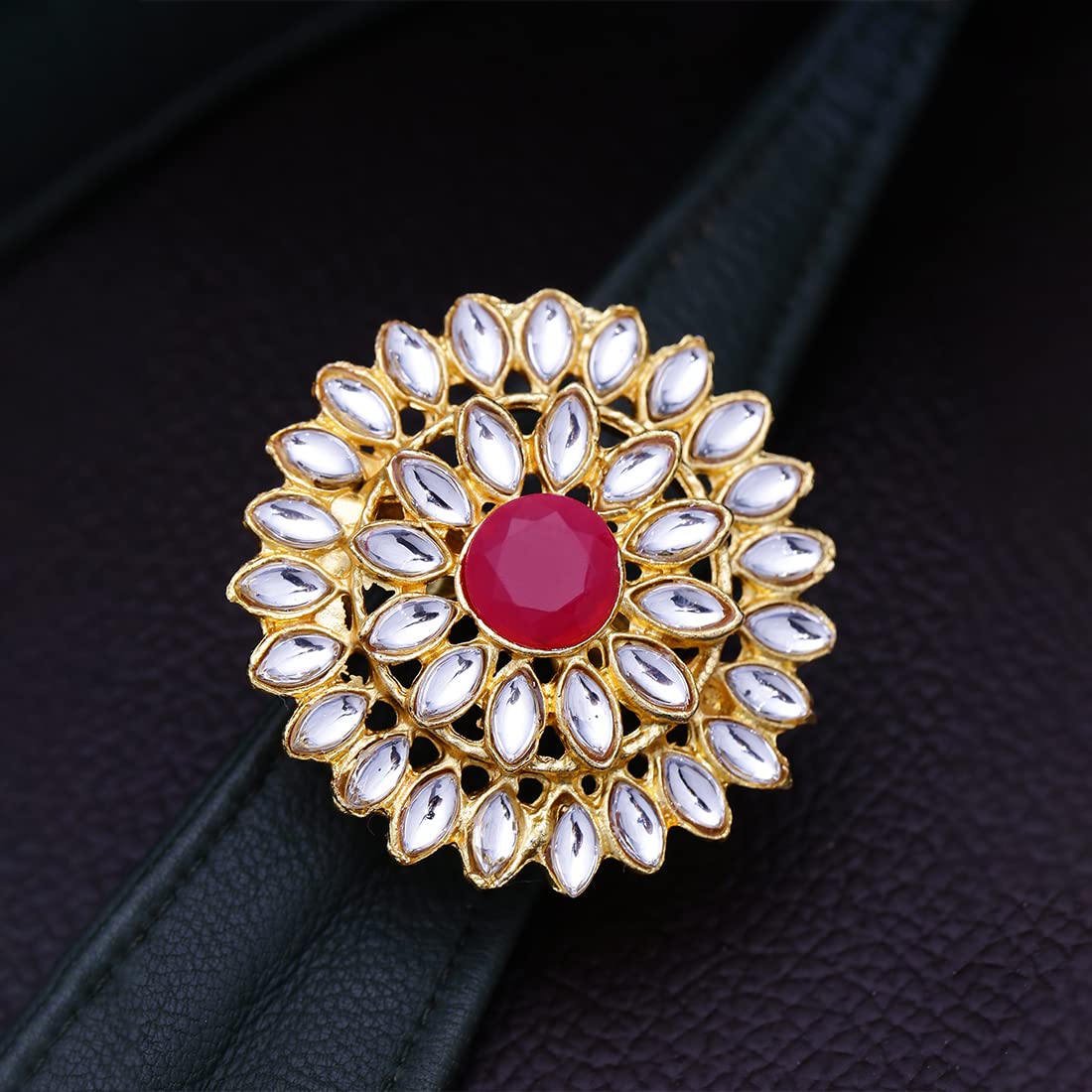 Yellow Chimes Women's Traditional Red Cocktail Adjustable Stone Gold Plated Kundan Studded Cocktail Finger Ring