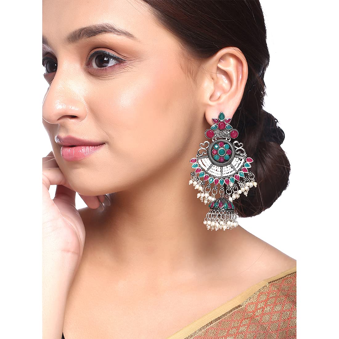 Yellow Chimes Ethnic German Silver Oxidised Multicolour Studded stones Flower Design Pearl Moti Traditional Chandbali Earrings for Women and Girls, Medium (YCTJER-90OXDCHDS-MC)