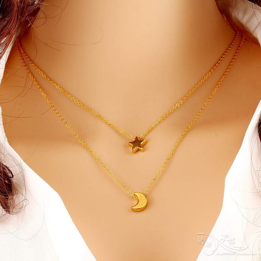 Yellow Chimes Classic Look Dual Layer Chain with Moon and Star Design Gold Plated Choker Necklace for Women and Girl's