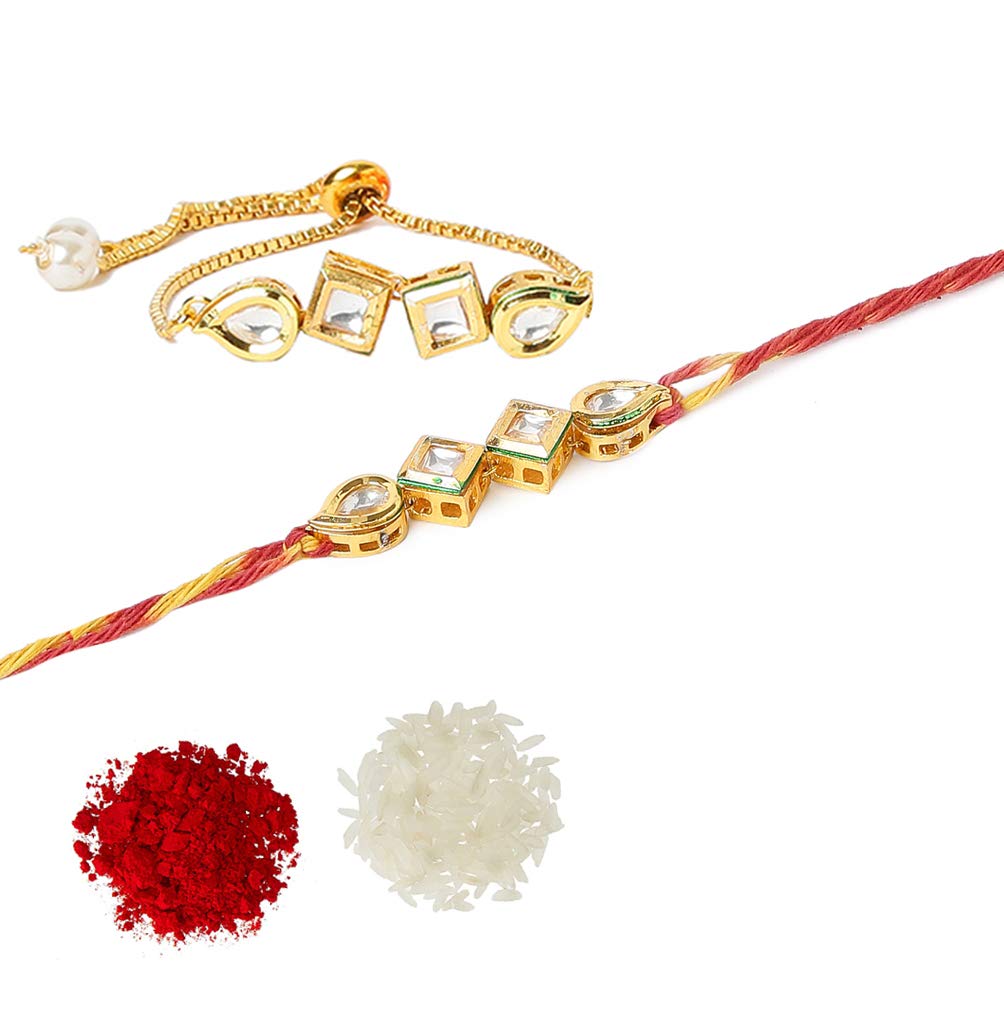 Yellow Chimes Rakhi for Brother and Bhabhi Gold Plated Kundan Bhaiya Bhabhi Rakhi Set Handmade Dori Worked Rakhi Combo of 2 PCs Men Rakhi Bracelet With Roli & Chawal