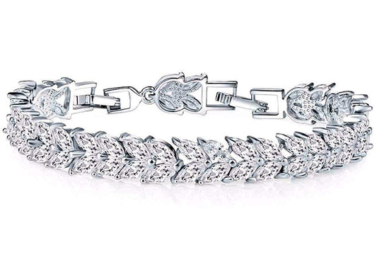 Yellow Chimes Women's Fashion Leaf Shaped Silver Tone White Swiss Zircon Crystal Bracelets Valentine Gift for Girls