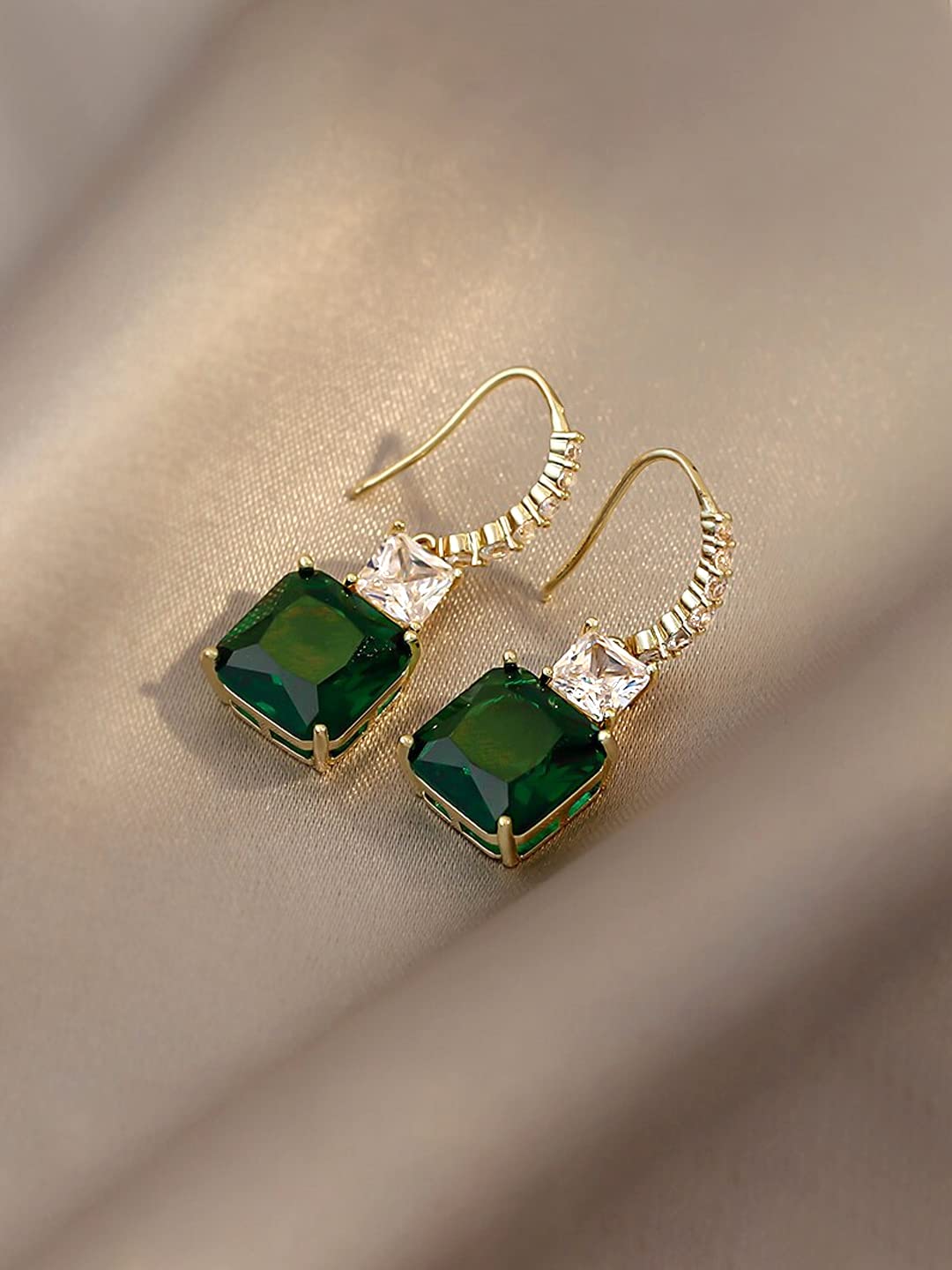 Yellow Chimes Earrings For Women Green Color Crystal Studded Huggie Hoop With Rectangular Drop Earrings For Women and Girls