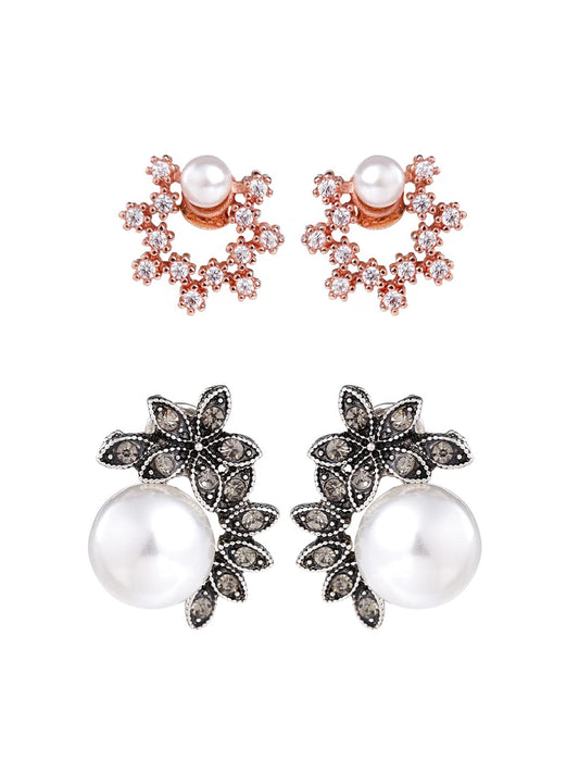 Yellow Chimes Latest Fashion Combo of 2 Pairs Gold Silver Plated Floral Crystal Pearl Design Stud Earrings for Women and Girls, Medium (YCFJER-PRLSTUD-BNDL)