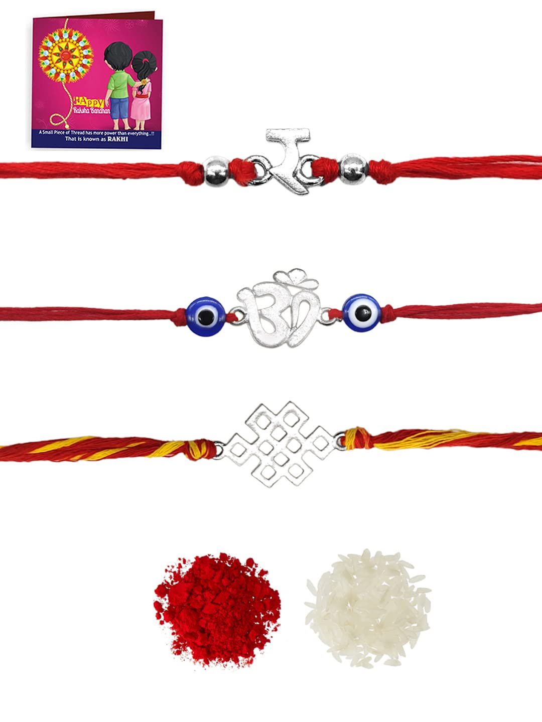 Yellow Chimes Combo of 3 Pcs Handmade Dori Worked Silver Toned OM Initial Letter R and Celtic Design Evil Eye Beads Rakhi for Brother with Roli & Chawal, Red, Silver, Medium (YCTJRK-30BHAY-SL)