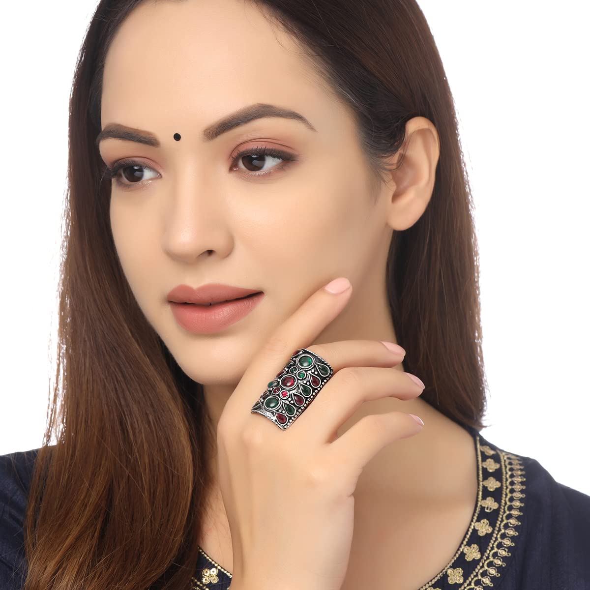 Yellow Chimes Rings For Women Silver Oxidised Multicolor Stoned Studded Long Cylindrical Shape Ring For Women and Girls