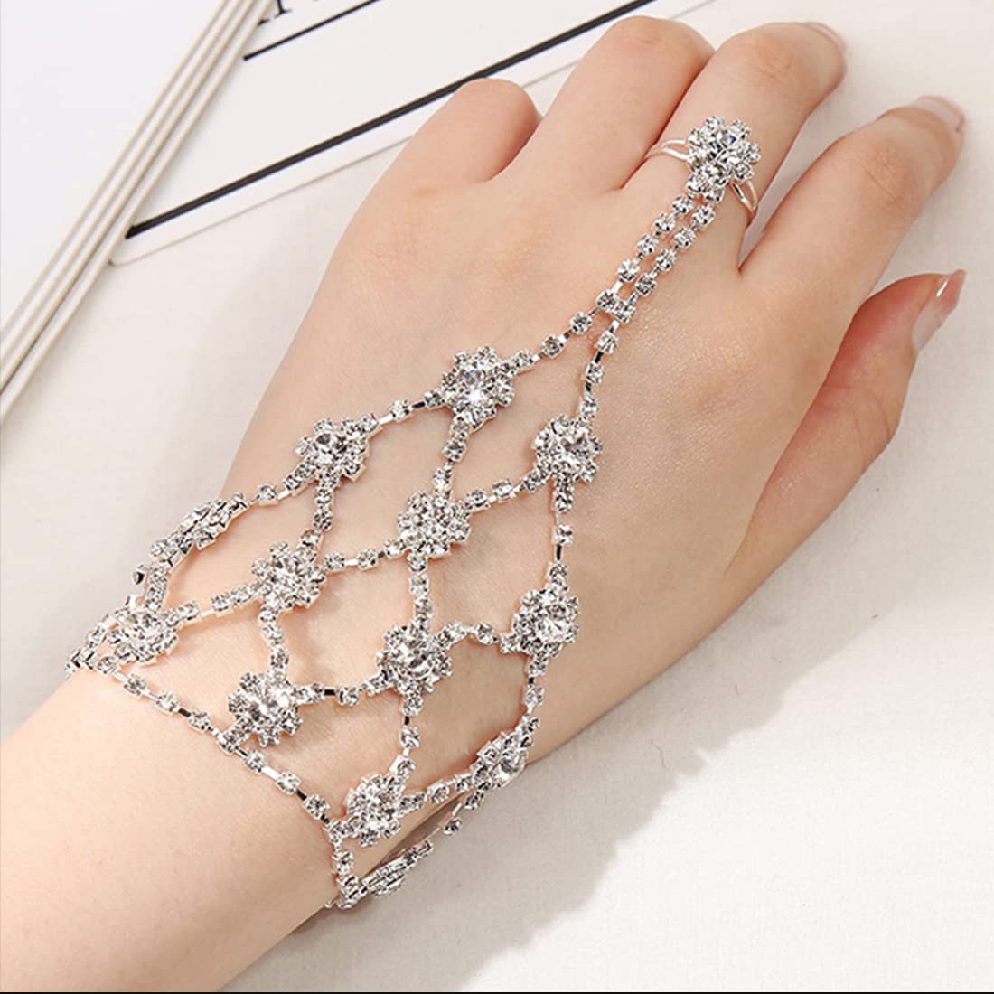 Yellow Chimes Hand Chain For Women White Crystal Studded Silver Hand Chain Link Ring For Women and Girls