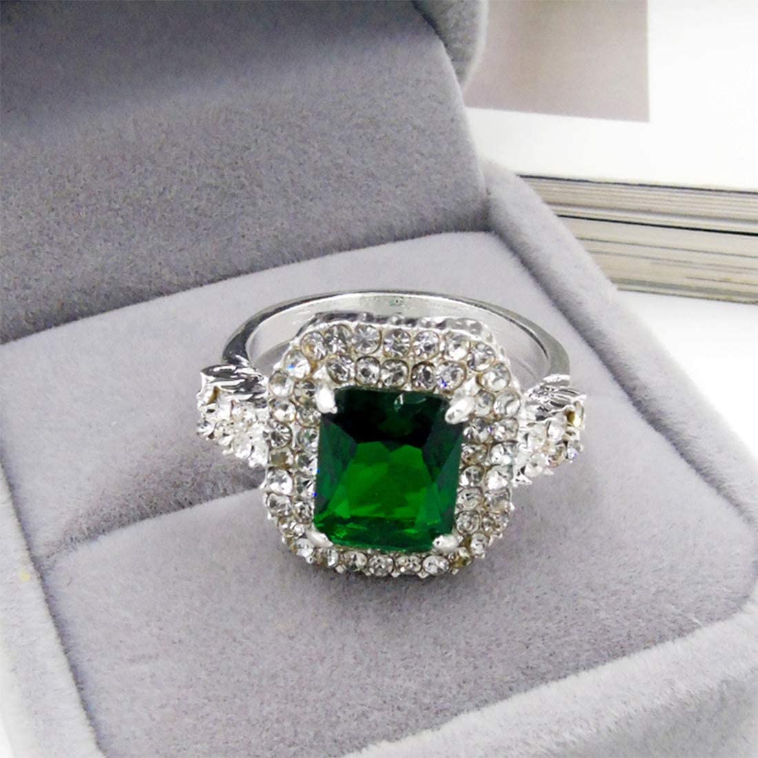 Yellow Chimes Emerald Square Studded Cubic Zirconia Stylish Silver Plated Copper Rings for Women