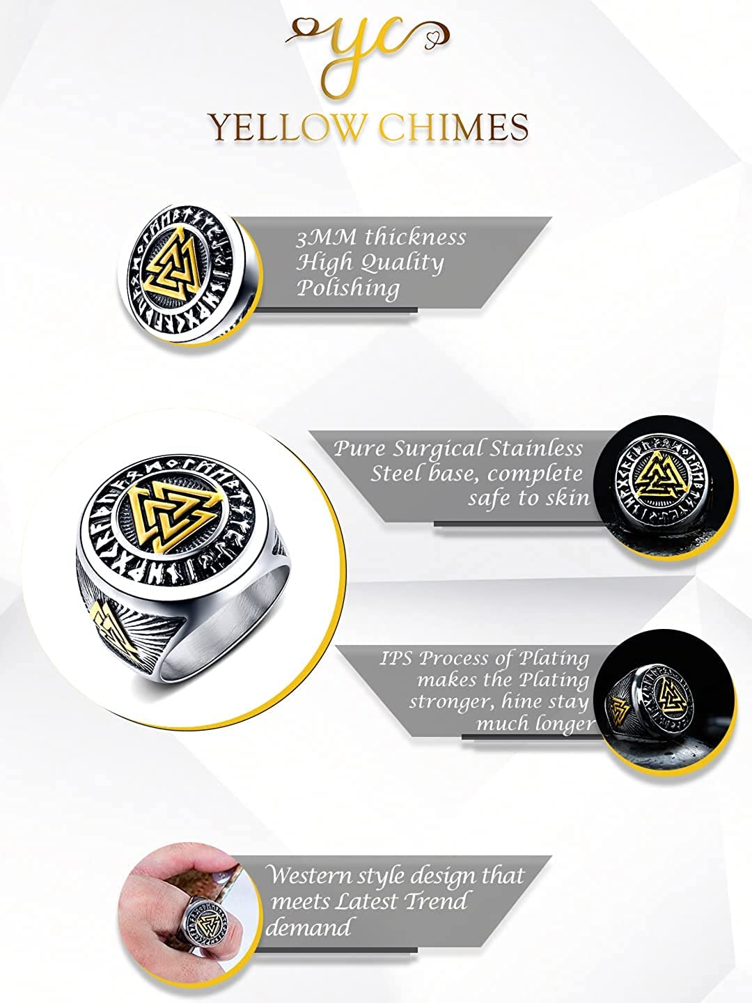 Yellow Chimes Rings for Men Stainless Steel Valknut Ring with Rune Circle Odin Symbol Band Finger Ring for Men and Boys.