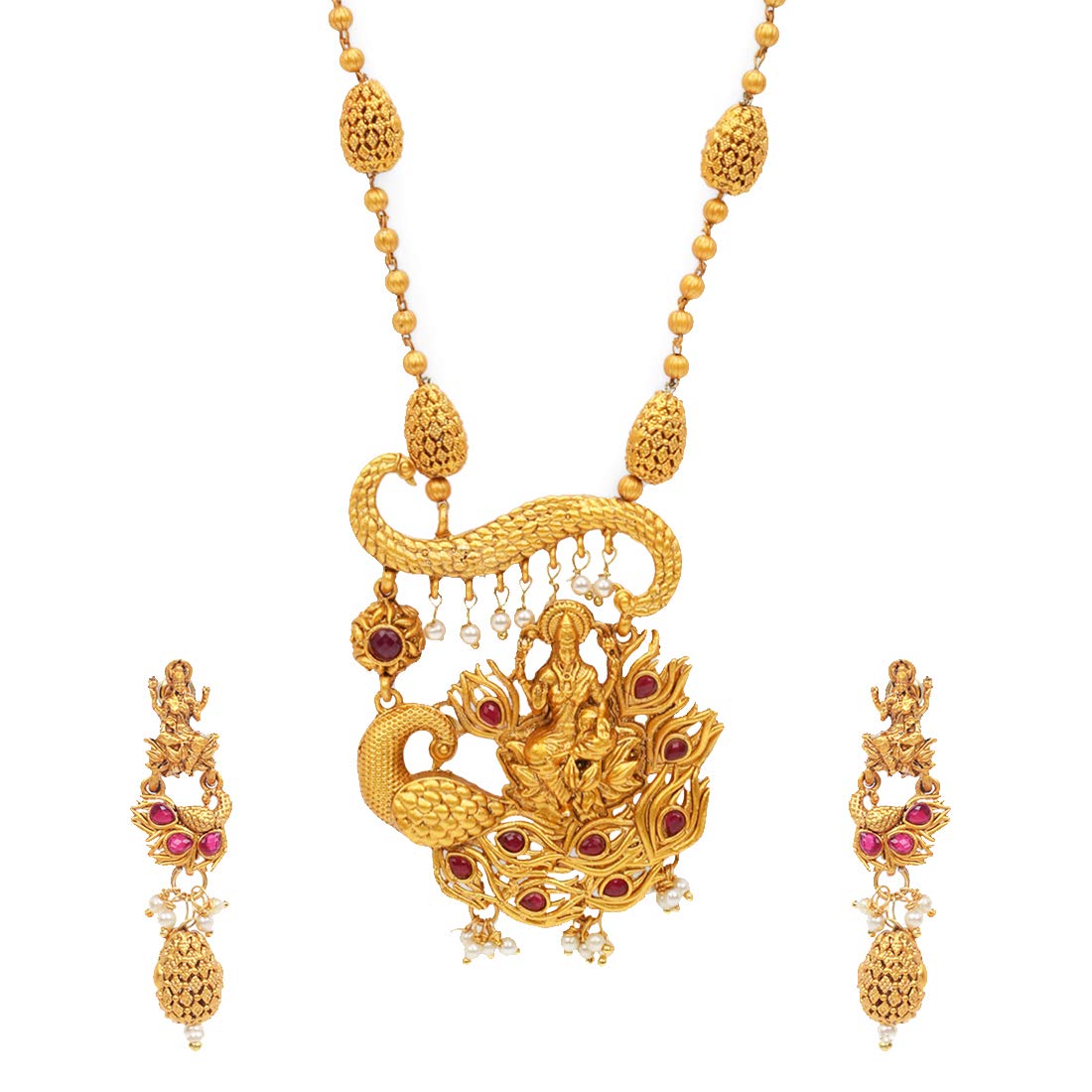 Yellow Chimes Ethnic Temple Jewellery Set Gold Plated Lakshmi Jewelry Set Traditional Long Haram Necklace Set for Women & Girls