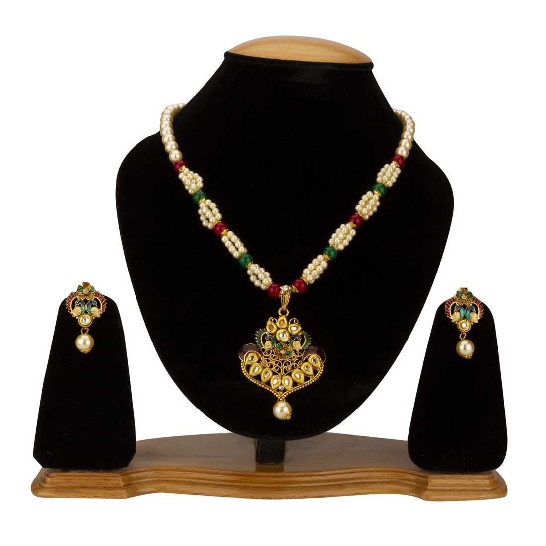 Yellow Chimes Exclusive Traditional Floral Peacock Desaign Pearl Kundan Necklace With Drop Earrings For Women