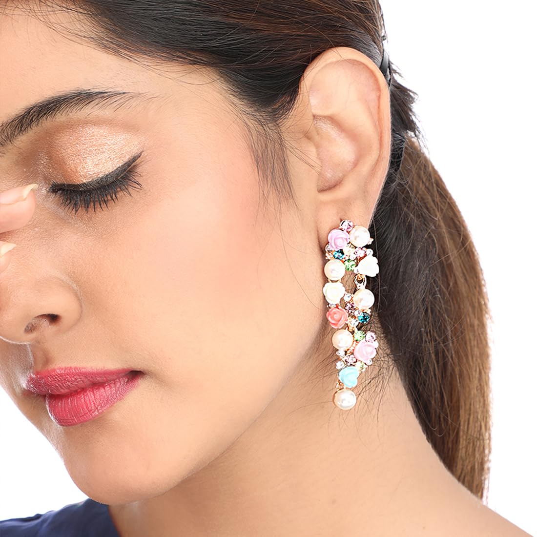 Kairangi Pearl Earrings for Women Fashion Collection Multicolor Rose Floral Design Gold Plated Danglers Earrings For Women