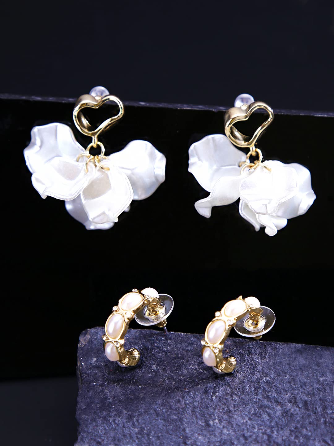 Yellow Chimes Combo of 2 Pairs Latest Fashion Gold Plated Floral Pearl Design Drop Stud Earrings for Women and Girls, Medium, YCFJER-02PRLDGN-C-WH