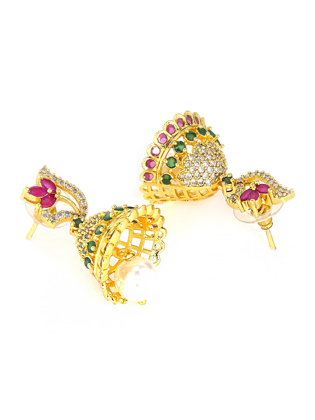 Yellow Chimes Classic AD/American Diamond Studded Pink Floral Design Pearl Drop Gold Plated Jhumka Jhumki Earrings for Women and Girls, Medium
