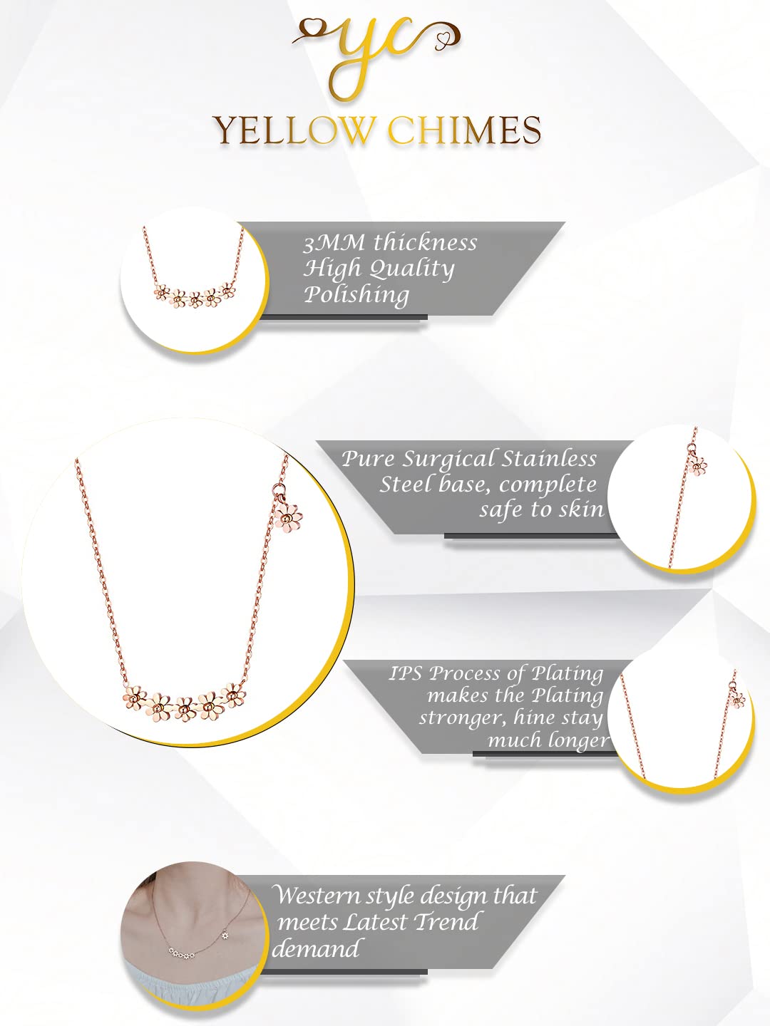 Yellow Chimes Pendant for Women Floral Necklace Statement Style Rose Gold Plated Chain Pendant Necklace for Women and Girls.