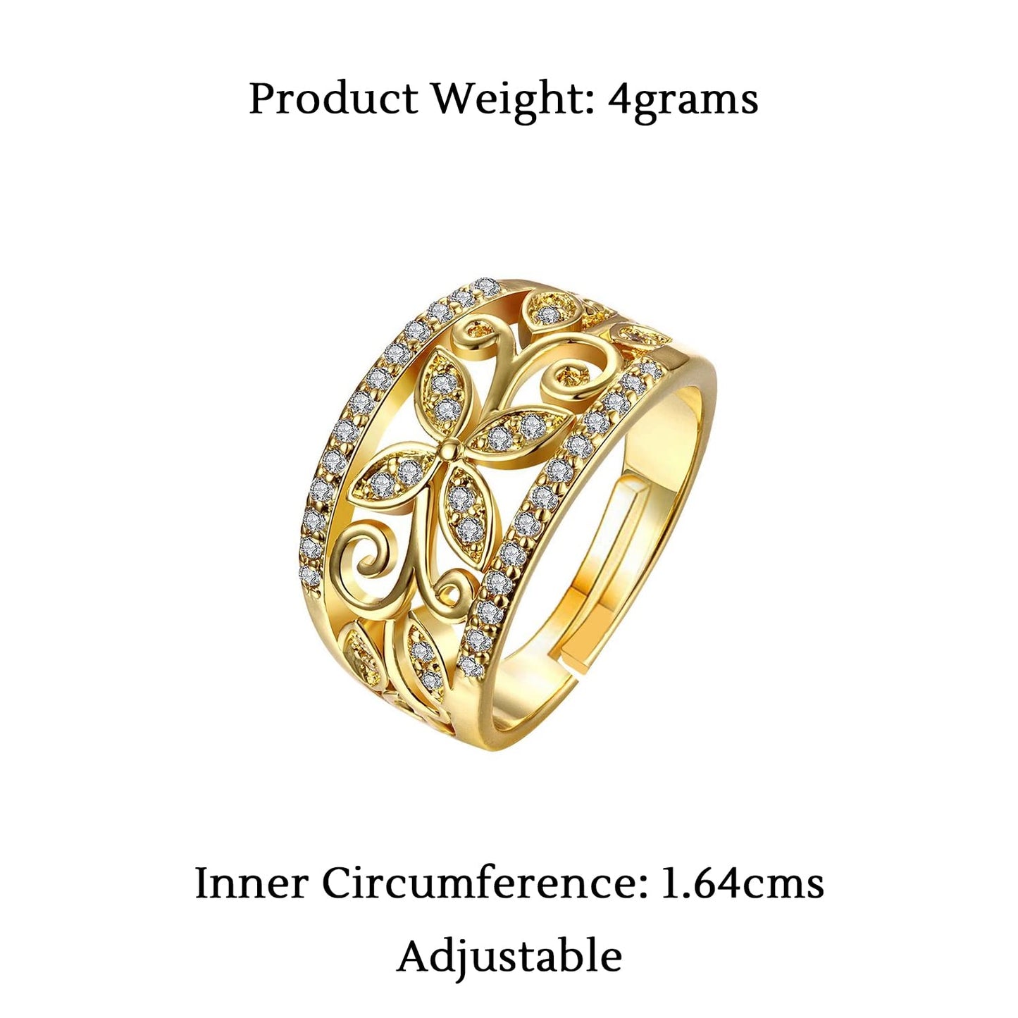 Yellow Chimes Rings for Women Crystal Studded Flower Band Golden Adjustable Ring for Women and Girls.