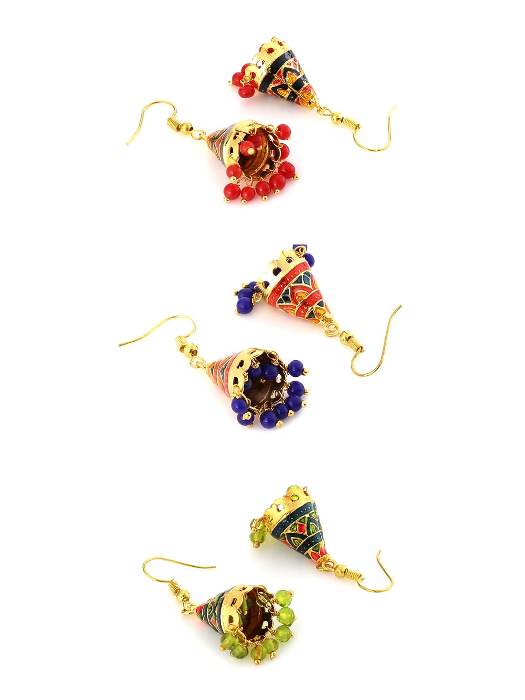 Yellow Chimes Craftsmanship Work Meenakari Handcrafted Jaipur Rajasthani Style Traditional Gold Plated Multicolour Jhumka/Jhumki Earrings for Women - Combo of 3 Pair