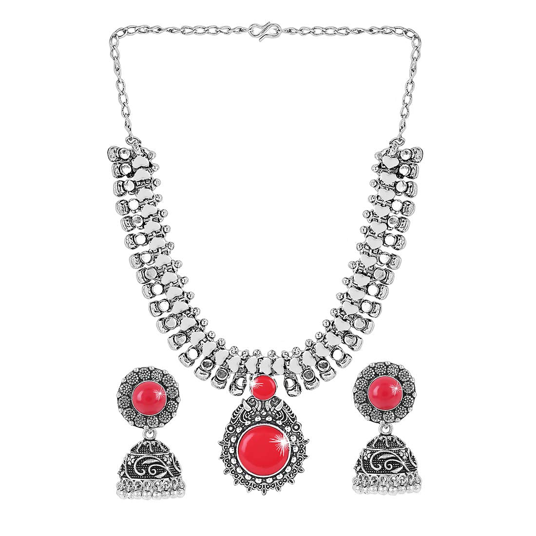 Yellow Chimes Jewellery Set for Women and Girls Traditional Silver Oxidised Jewellery Set Red Necklace Set for Women | Vintage Kolhapuri Stone Oxidized Necklace Set | Birthday Gift For Girls and Women Anniversary Gift for Wife