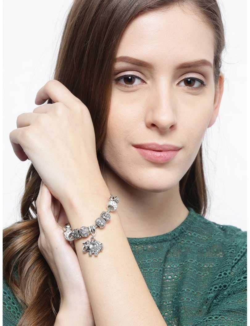 Yellow Chimes Bracelet for Women Silver Oxidised Crystal Studded Antique Floral Elephant Drop Charm Bracelet for Women and Girls