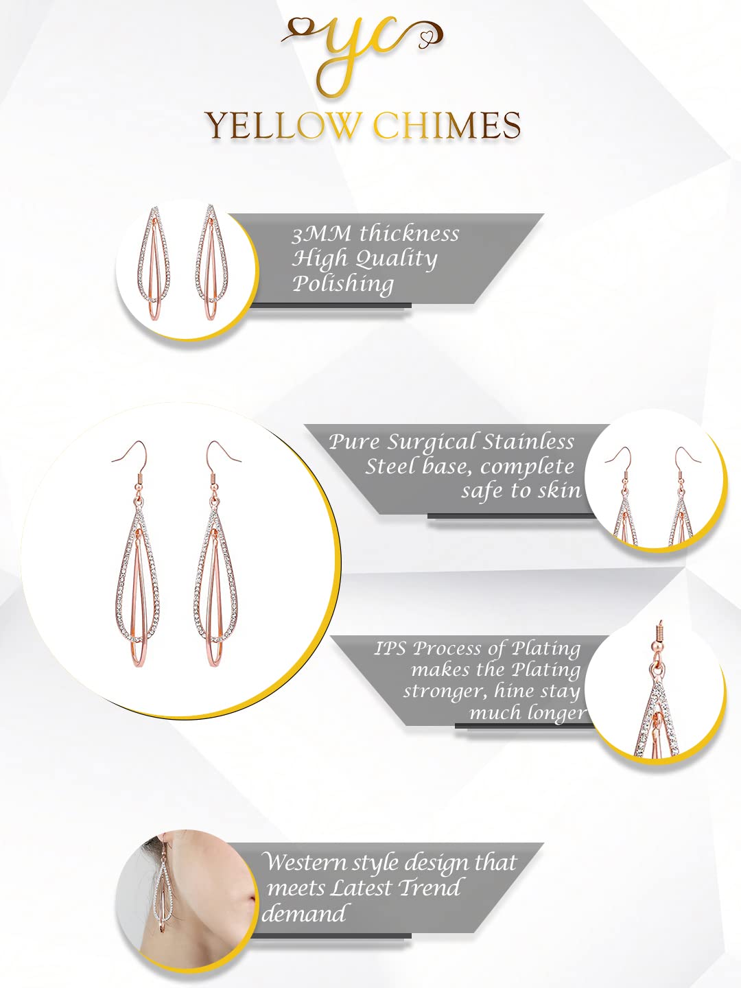 Yellow Chimes Danglers Earrings for Women Stainless Steel Rose Gold Plated Crystal Studded Dangler Earrings for Women and Girls