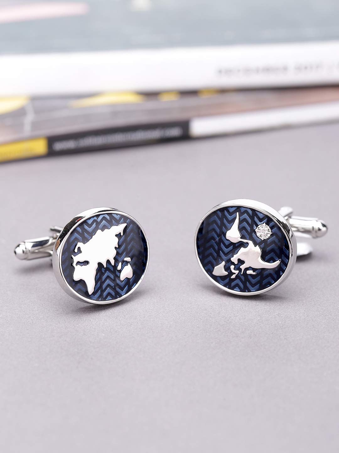 Yellow Chimes Cufflinks for Men and Boys Blue Cuff links | Formal Stainless Steel World Map Shaped Cufflink | Birthday Gift for Men and Boys Anniversary Gift for Husband
