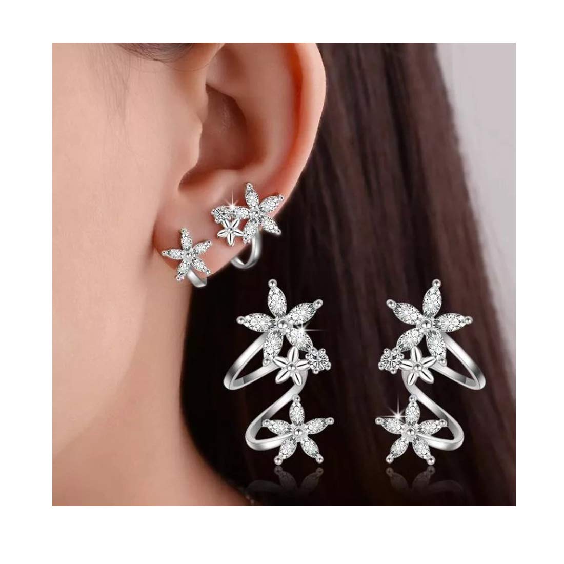 Yellow Chimes Earrings for Women and Girls | Fashion Crystal Stoned Silver Ear Cuff Earring | Silver Toned Ear Cuffs | Floral Designed Western Ear Cuffs | Accessories Jewellery for Women | Birthday Gift for Girls and Women Anniversary Gift for Wife