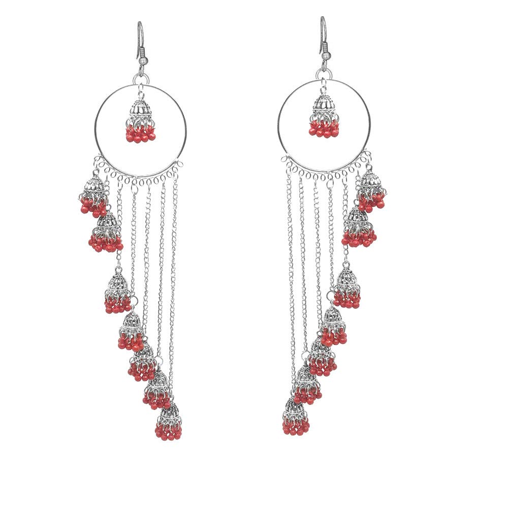 Yellow Chimes German Silver Oxidized Kashmiri Style Bali Traditional Jhumka Jhumki Earrings for Women and Girls (Red)