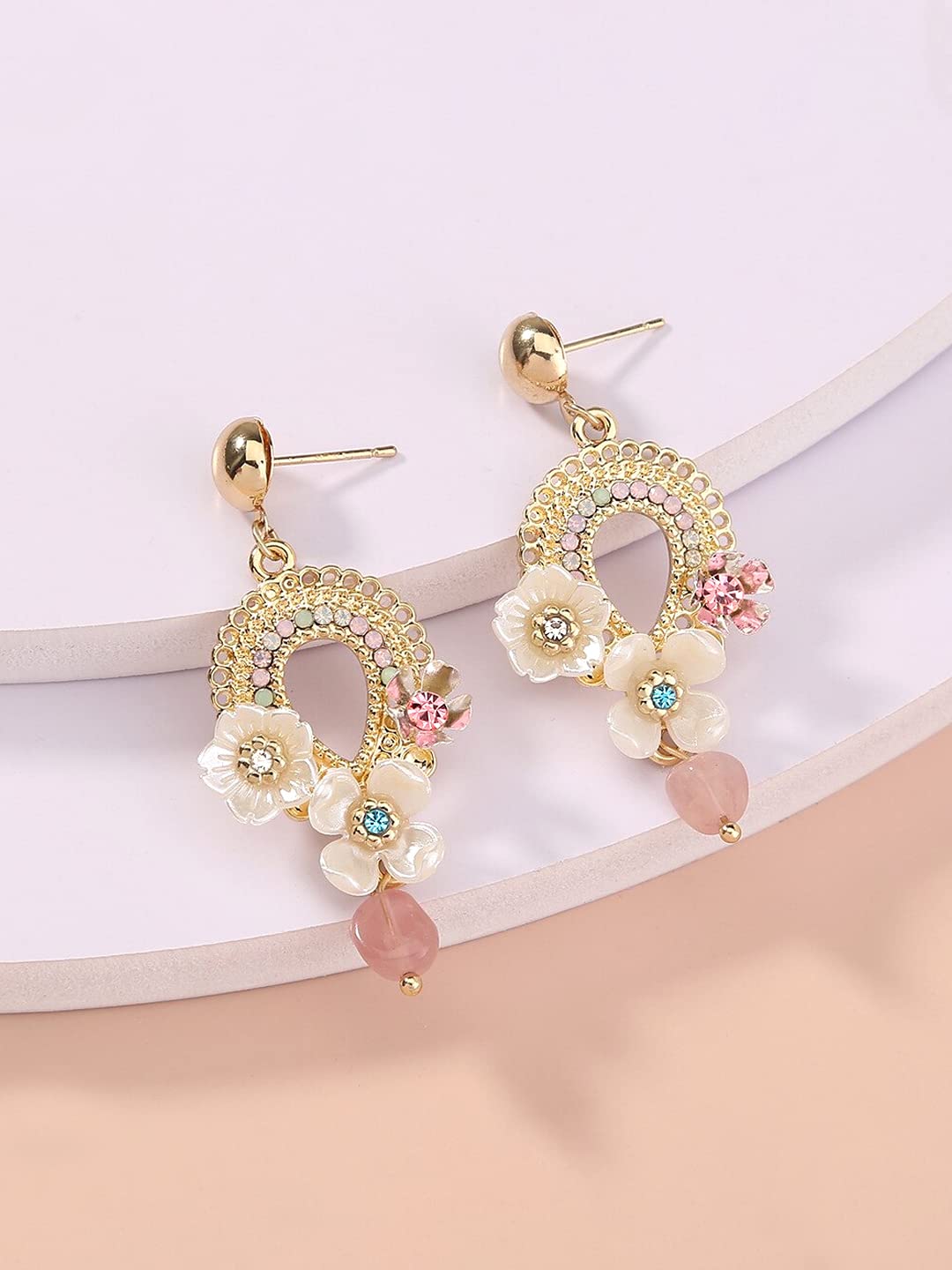 Yellow Chimes Earrings For Women Gold Tone Clip On Stud With Crystal Studded Oval Shape Multicolor Floral Designed Elegant Dangle Earrings For Women and Girls