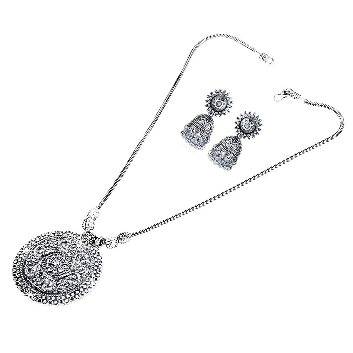 Yellow Chimes Stylish Floral Crafted Theme Silver Oxidized Necklace Set with Earrings Oxidized Jewellery Sets for Women and Girls