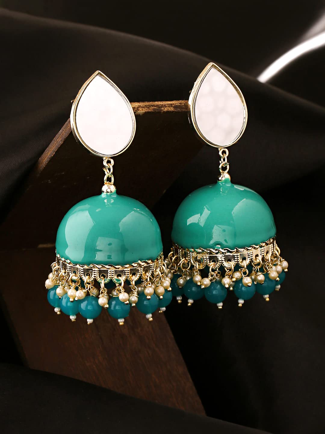 Yellow Chimes Earrings for Women Gold Toned Pearl Drop Mirror Finished Green Meenakari Jhumka Earrings for Women and Girls