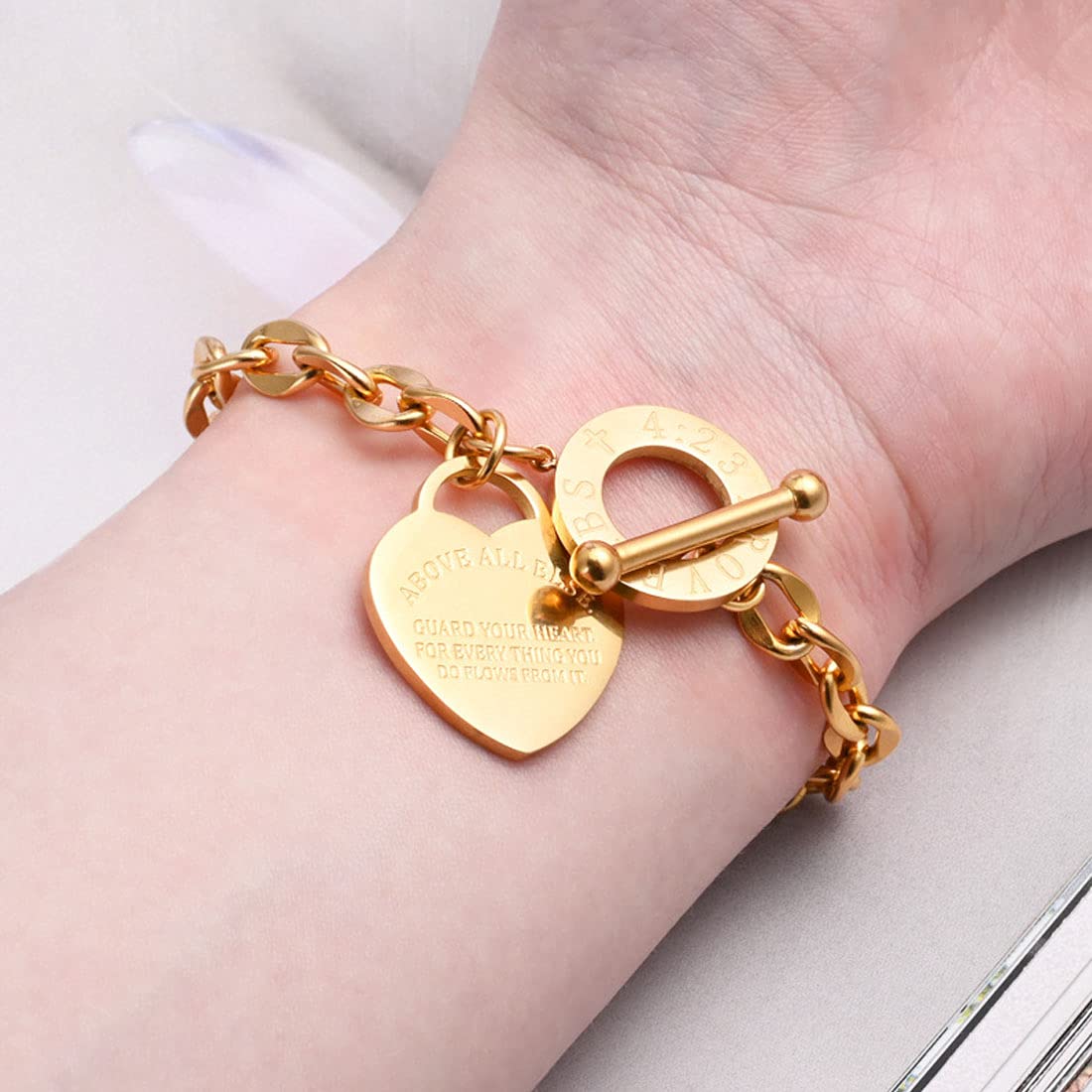 Yellow Chimes Bracelet for Women and Girls Golden Bracelets for Women and Girls | Western Style Stainless Steel Heart Charm Chain Bracelet | Birthday Gift For girls and women Anniversary Gift for Wife