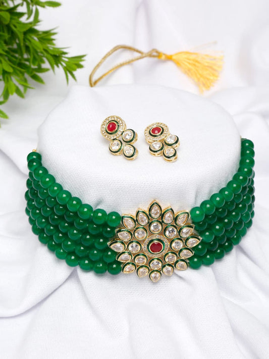 Yellow Chimes Kundan Jewellery Set for Women Green Beads Jewellery Set Ethnic Traditional Choker Necklace Set for Women and Girls