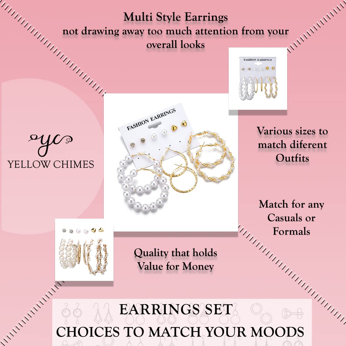 Yellow Chimes Earrings for Women and Girls Fashion White Pearl Hoops Set | Gold Plated Combo of 6 Pairs Stud Hoop Earring Set | Birthday Gift for girls and women Anniversary Gift for Wife