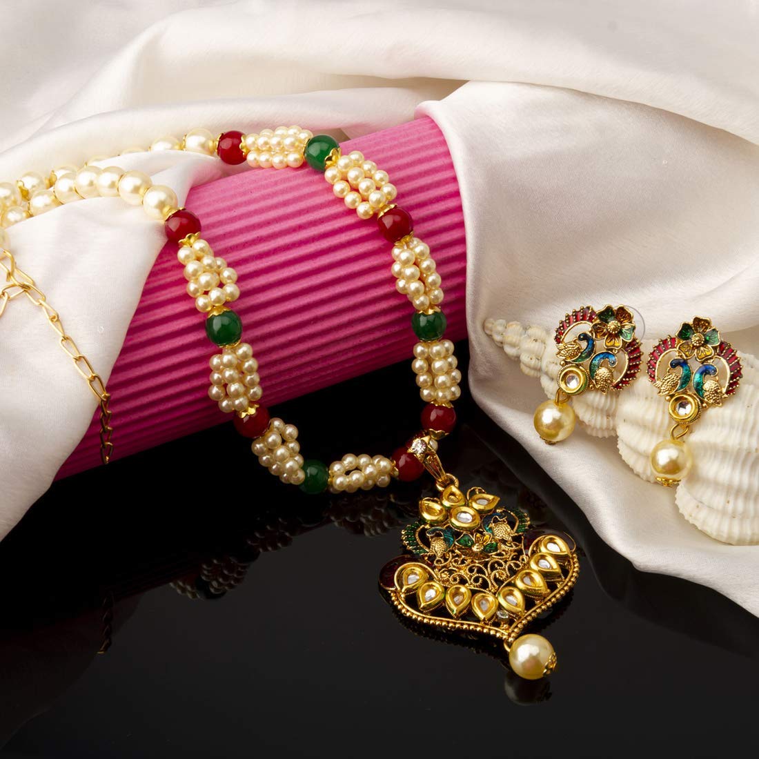 Yellow Chimes Exclusive Traditional Floral Peacock Desaign Pearl Kundan Necklace With Drop Earrings For Women