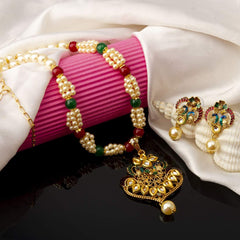 Yellow Chimes Exclusive Traditional Floral Peacock Desaign Pearl Kundan Necklace with Drop Earrings for Women