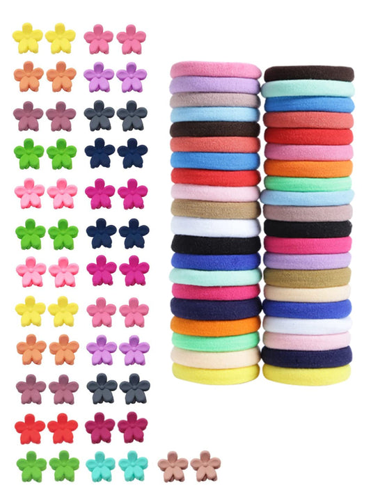 Melbees by Yellow Chimes 50 Pcs Flower Mini Hair Claw Clips with 40 pcs Pony Holders Rubber Bands, Hair Acessories for Girls Women Kids (Pack of 90), Multi-Color, Medium