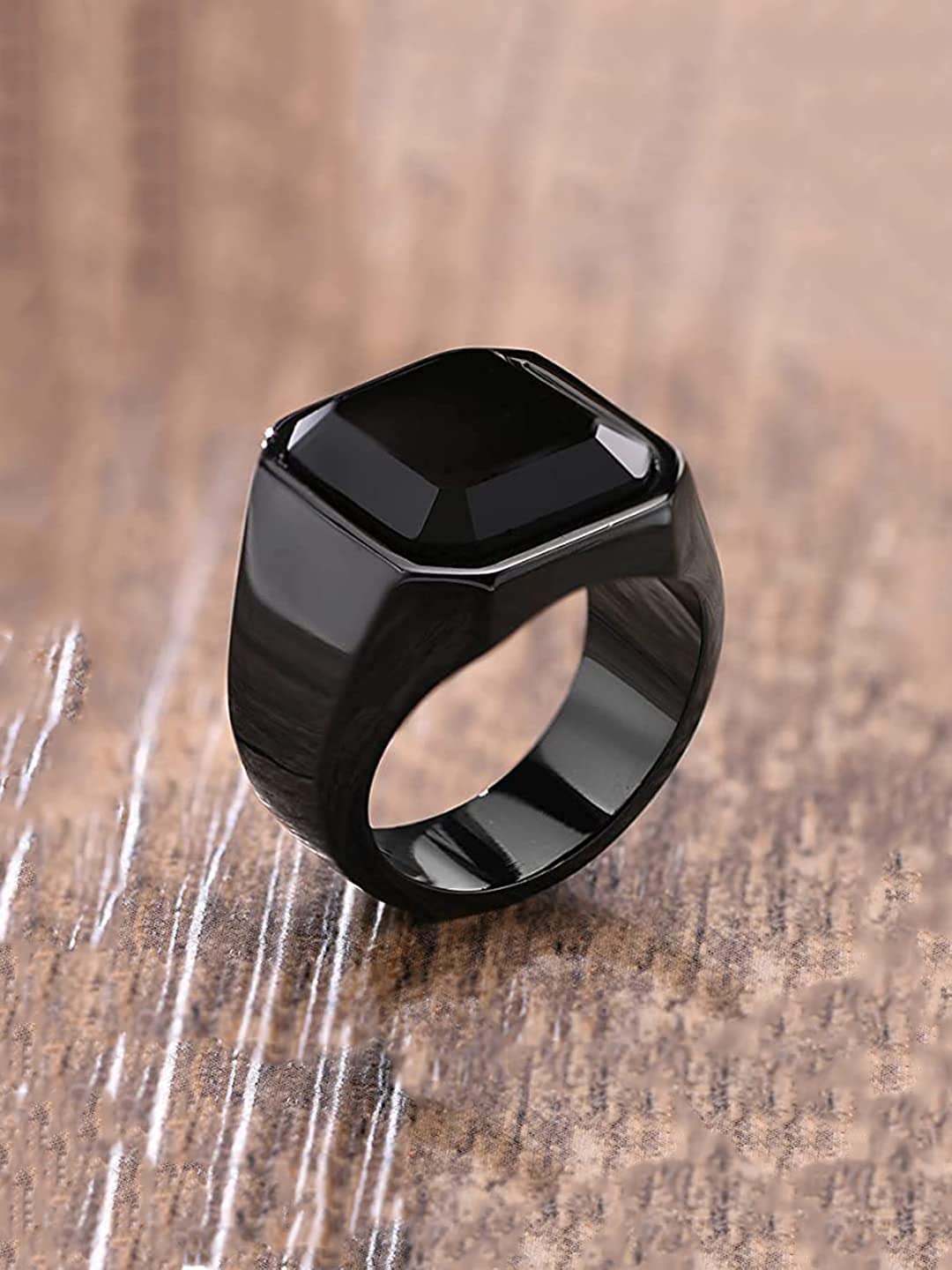 Yellow Chimes Rings for Men Stainless Steel Black Ring Square Shaped Crystal Black Steel Ring for Men and Boys.