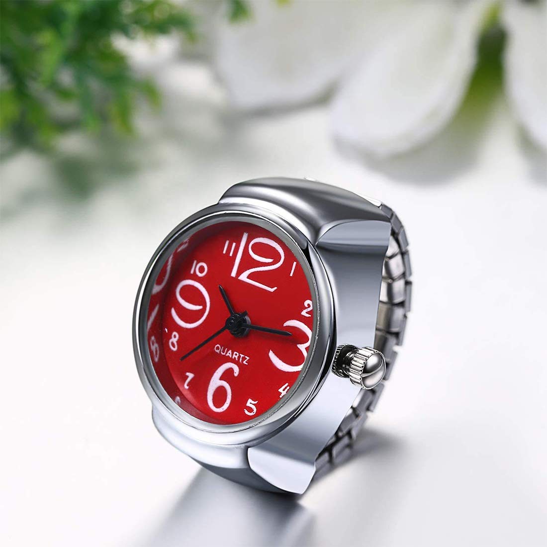 Yellow Chimes Rings for Women Stainless Steel Red Dial Analog Watch Ring Stretchable Ring Watch for Women and Girls.