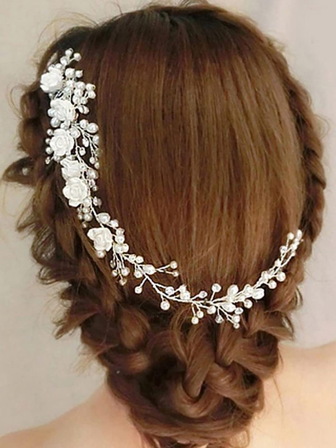 Yellow Chimes Bridal Hair Vine for Women and Girls Bridal Hair Accessories for Wedding White Headband Hair Accessories Wedding Jewellery for Women Floral Pearl Bridal Wedding Head band Hair Vine for Girls