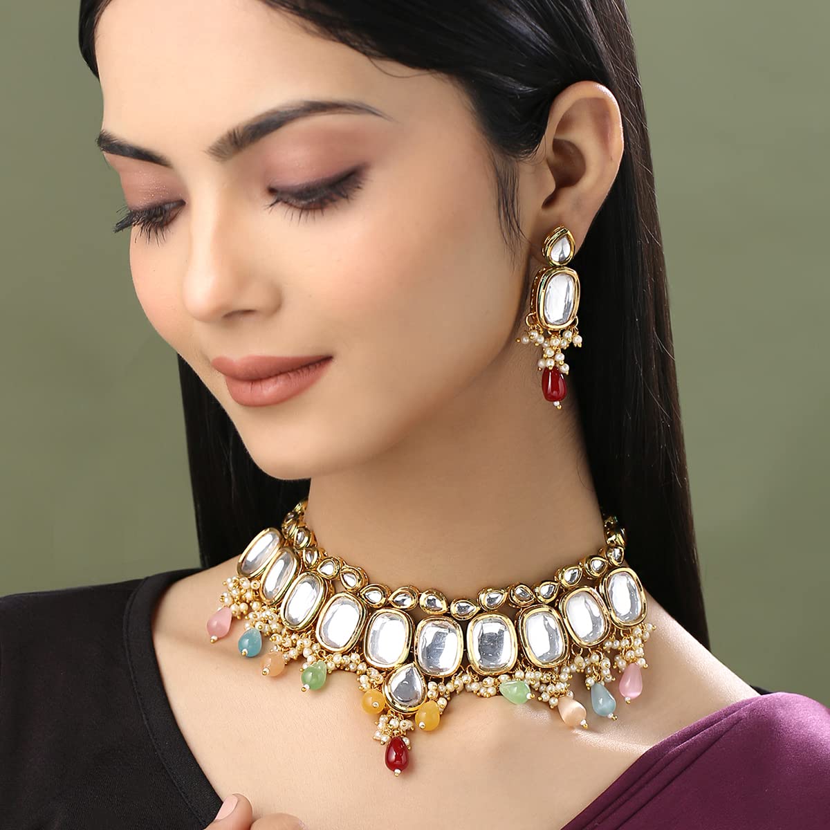 Yellow Chimes Jewellery Set for Women & Girls Kundans Necklace Set for Girls | Gold Plated Multicolor Beads Drop Kundan Choker Necklace Set | Birthday Gift for girls & women Anniversary Gift for Wife