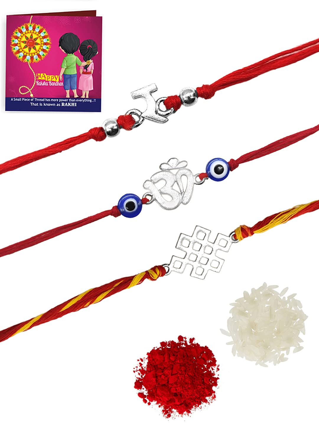 Yellow Chimes Combo of 3 Pcs Handmade Dori Worked Silver Toned OM Initial Letter R and Celtic Design Evil Eye Beads Rakhi for Brother with Roli & Chawal, Red, Silver, Medium (YCTJRK-30BHAY-SL)