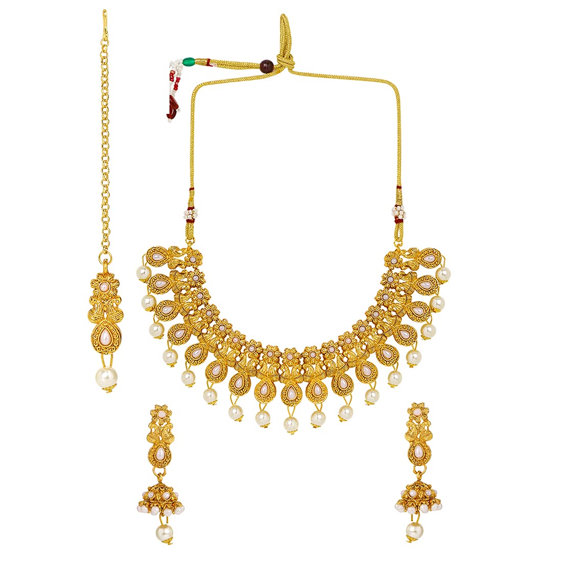 Yellow Chimes Ethnic Gold Plated Studded Kundan Pearl Moti Beads Jewellery Set Traditional Choker Necklace Set with Earrings and maang Tikka for Women and Girls