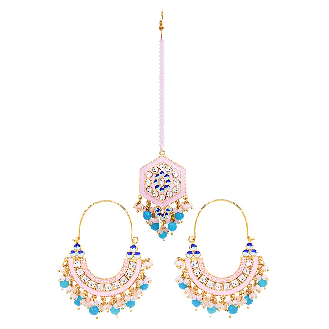 Yellow Chimes Ethnic Gold Plated Traditional Studded Stone Blue Beads Pink Meenakari Chandbali Earrings with Maangtikka for Women and Girls, Medium (YCTJER-108CNDMGT-PK)